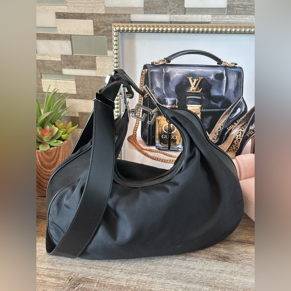 Gucci Black Leather Nylon Attache Shoulder Bag Purse Handbag Authentic